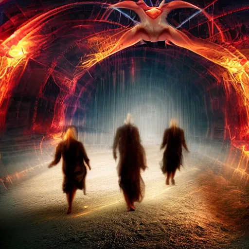 Image similar to ghosts flying through virtual gate of digital dreams, chaotic, demonic, devil, evil, doom