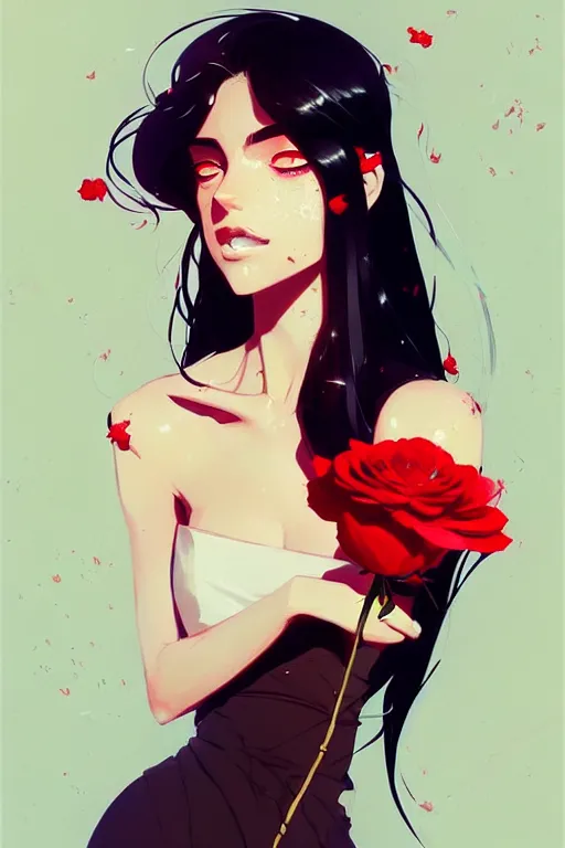 Image similar to a ultradetailed beautiful panting of a stylish woman holding a rose, by conrad roset, greg rutkowski and makoto shinkai, trending on artstation