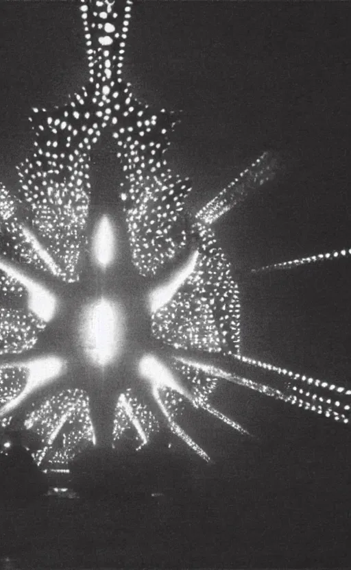 Image similar to light coming out of one starfish - like kaiju anthropomorphic monster, korean film noir by kim jong - il, korean traditional palace, pyongyang city, 1 9 6 0 s, red color bleed, 4 k, video compression, video glitch, monochrome, akira kurosawa, mamoru oshii, wes anderson, stanley kubrick