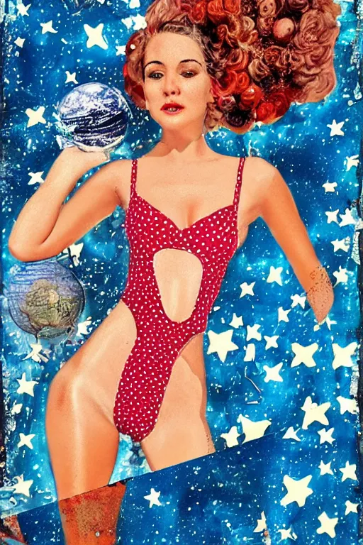 Prompt: vintage inspired, mixed media collage of a swimsuit model in space, full body, trending on art station, highly detailed, excellent composition