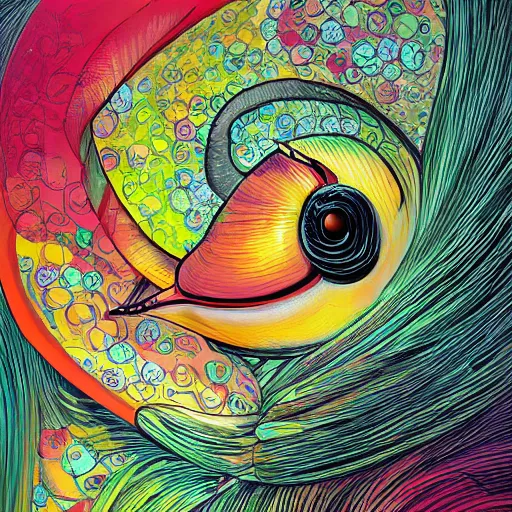 Prompt: a snailbird, a snailbird is a personified snail with a face mixed with a bird, has wings, has snail shell, uhd, painted by james jean