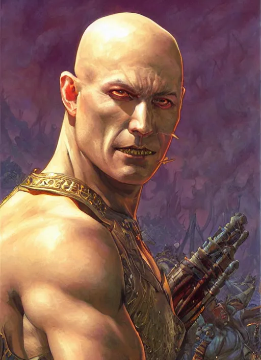 Image similar to a fantasy comic book style portrait painting of a bald male warrior, art by donato giancola and bayard wu and gustav moreau and wayne barlowe