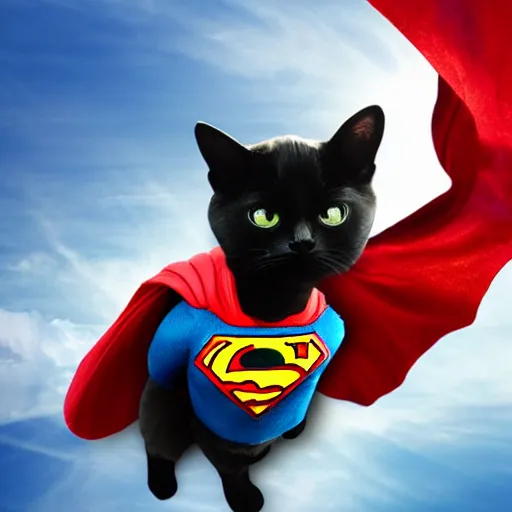 Prompt: the cat dressed as superman is flying in the sky