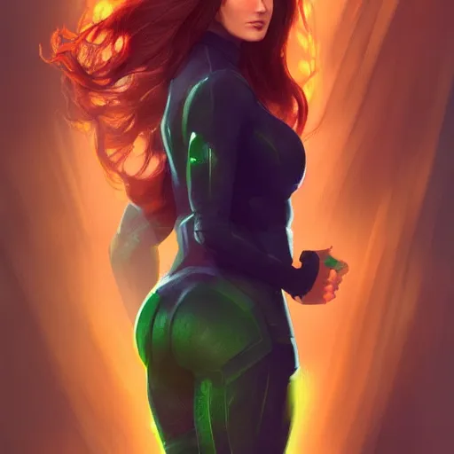 Prompt: full body portrait of jean grey, symetry, perfect face, green eyes, intricate, detailed, volumetric lighting, scenery, digital painting, highly detailed, artstation, sharp focus, illustration, concept art, ruan jia, steve mccurry