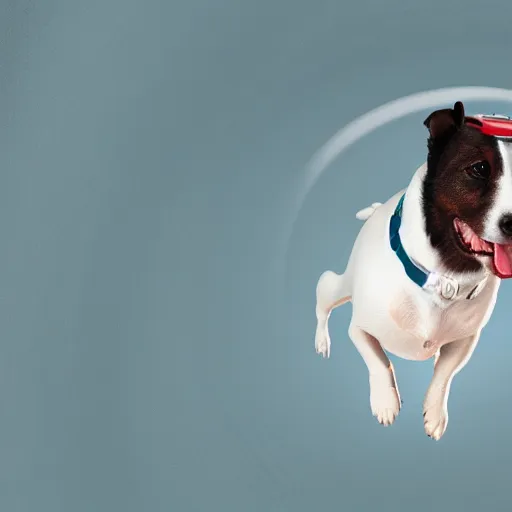 Image similar to white jack russell terrier, flying in space in a helmet, photorealism, digital painting, 4 k