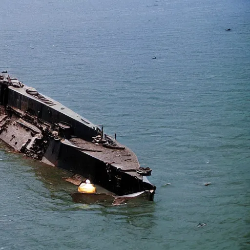 Prompt: the sunken remains of the battleship yamato.