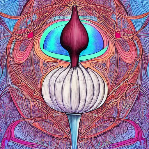 Image similar to the portrait of a bulb of garlic that resembles an unimaginably beautiful, colorful, graceful, elegant, and sophisticated young woman, an ultrafine detailed illustration by james jean, intricate linework, bright colors, final fantasy, behance contest winner, vanitas, angular, altermodern, unreal engine 5 highly rendered, global illumination, radiant light, detailed and intricate environment