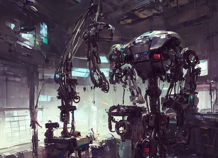 Prompt: a robot machine getting repaired in a workshop. some welder sparks. style by simon bisley, ismail inceoglu, wadim kashin, filip hodas, benedick bana, and andrew atroshenko.