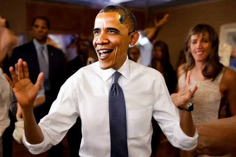 Image similar to barack obama with bangs dancing at the disco,