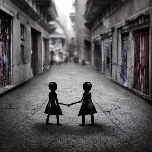 Prompt: two dirty doll hugging eachother in a sides walk of a crowded city ,they are lost ,crows around them,illustrating,photo real,hyper realistic ,dark atmosphere,higgly detailed, baroque, matte painting, concept art, hdri, 4k -