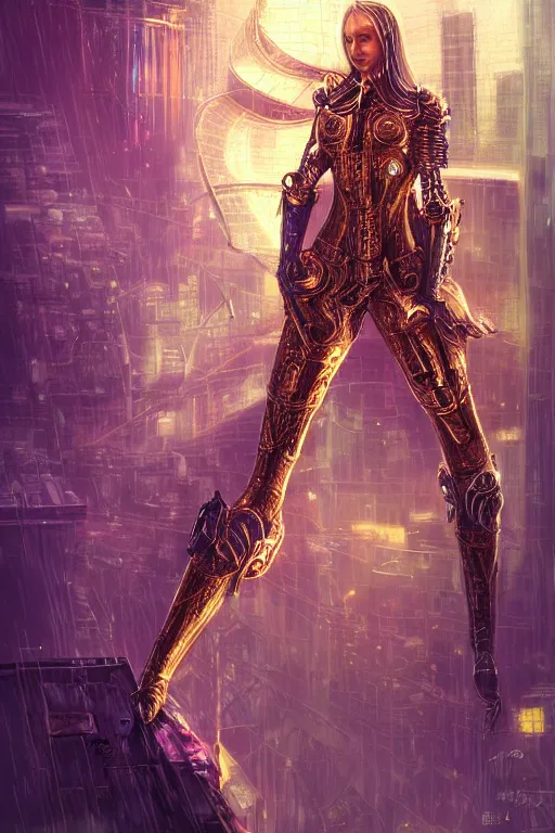 Image similar to portrait holy and mythical futuristic knights of Zodiac girl, golden and copper armor, in futuristic heavily raindrop ruin tokyo rooftop cyberpunk night, ssci-fi, fantasy, intricate, very very beautiful, elegant, neon light, highly detailed, digital painting, artstation, concept art, human anatomy, soft light, hdri, smooth, sharp focus, illustration, art by tian zi and craig mullins and WLOP and alphonse mucha