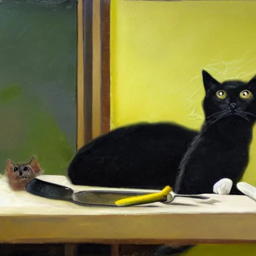 Prompt: a black cat with yellow eyes sitting at the table, eating a plate of mice using a knife and a fork, matte painting, photorealistic, oil painting, illustration