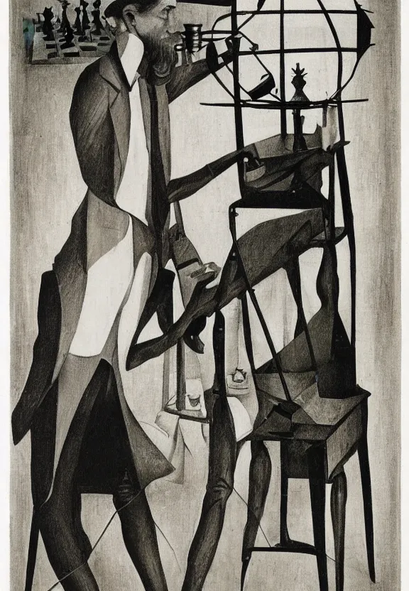 Prompt: a concept drawing of marcel duchamp holding up a chess - piece wire - machine, a surrealist painting by marcel duchamp, complex artificial - intelligence machinery, 1 9 2 0 s