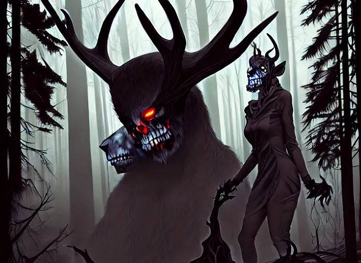 Image similar to style artgerm, joshua middleton, diego fazio, j. c. leyendecker : : scary wendigo with antlers and skull face mixed with werewolf : : [ beautiful witch wearing a black dress, symmetrical face, on the right side ] : : in the forest, detailed, dark and foggy, cinematic lighting