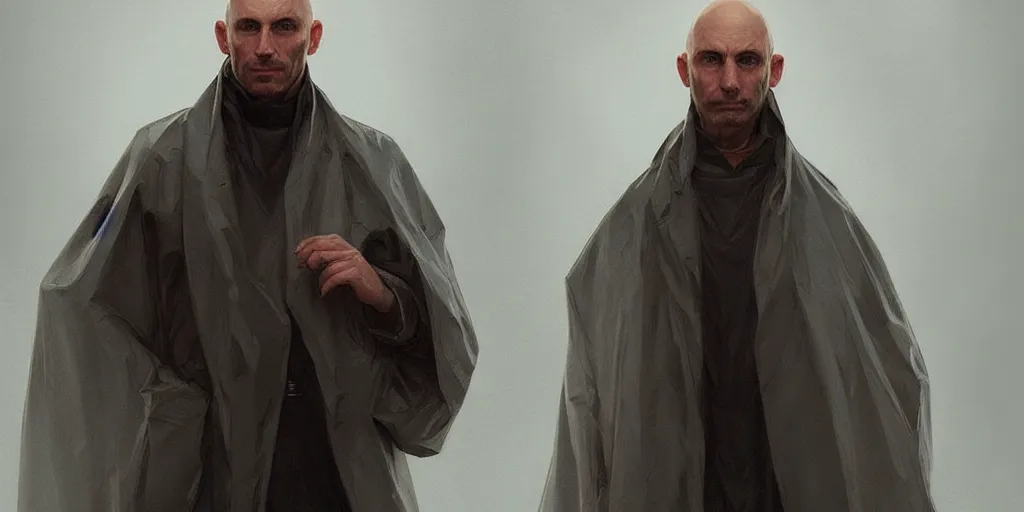 Image similar to european ( ( ( ( bald man ) ) ) ) dressed in raincoat, male, clear face, masculine, upper body, highly detailed, digital painting, artstation, concept art, matte, sharp focus, illustration, art by artgerm and greg rutkowski and alphonse mucha