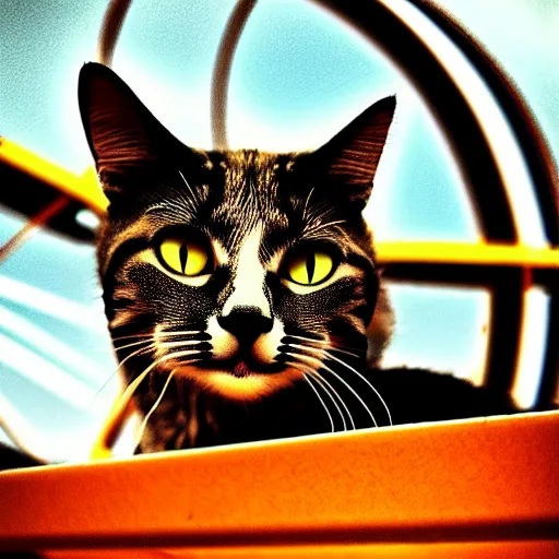 Image similar to !!! cat!!!, ( ferris wheel ), feline, sitting, riding, award winning photo, nikon, realistic,