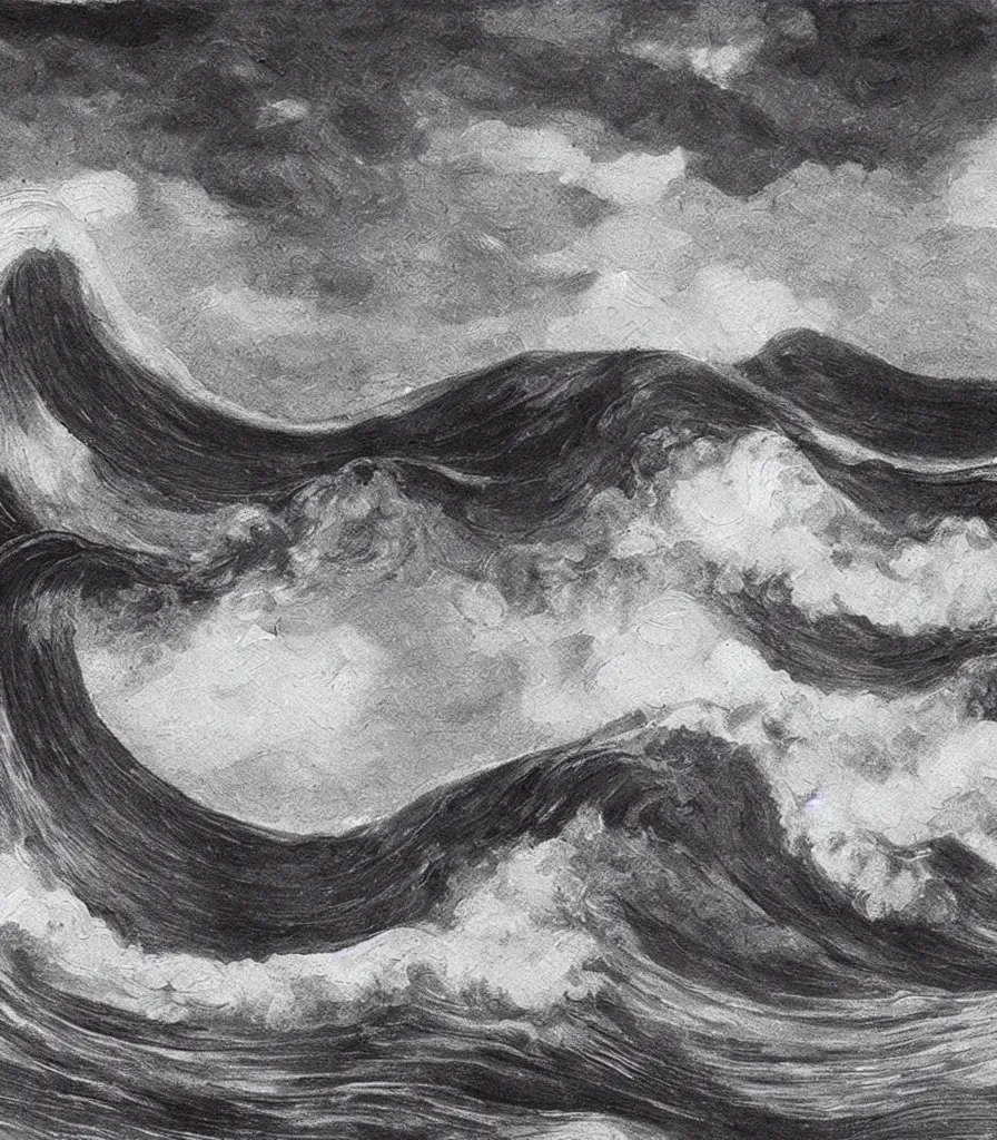 Image similar to an impasto oil painting of one single beautiful hawaiian wave painted by albrecht durer, monochromatic color scheme, high detail, breathtaking wave, lineart, line art, soft colors, simplicity