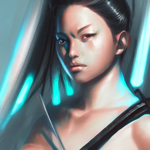 Image similar to closeup of a young cyberpunk samurai lady holding a sword, digital painting, anime style, Artstation, by Artgerm