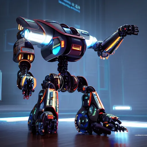 Image similar to a cybertronic mecha-robot, mech, machinary, turrets, leds, high detail, sharp, studio, digital art, octane render, redshift, blender-hard-surface, cinema-4d, houdini-hard-surface, machin3, mx2