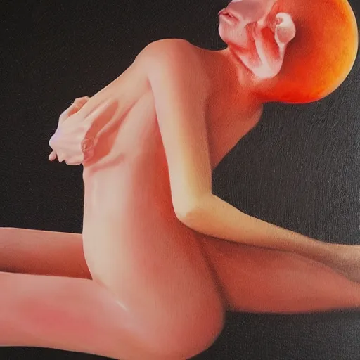 Prompt: liminal space uneven by pete turner. a beautiful experimental art. in the dream, she is easting a peach, on venus. the flesh is sweet & juicy, slightly bitter. it mingles with sydan's taste in a delicious way.