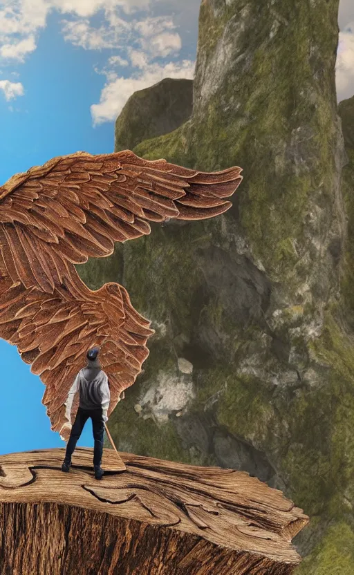 Prompt: a man standing on a cliff ready to jump with his home made wings made out of wood, photorealistic,