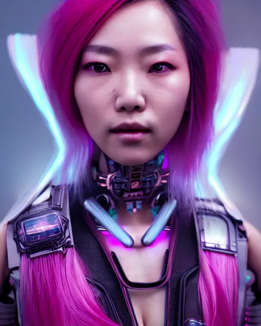 Image similar to portrait of a beautiful asian woman with pink hair as a cyberpunk cyborg half robot, sci - fi, missing panels, intricate abstract upper body intricate artwork, concept art, octane render, deviantart, cinematic, key art, hyperrealism, iridescent accents, portrait photograph, nikon 3 5 mm, photograph by greg rutkowski