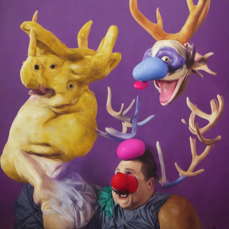 Prompt: rare hyper realistic portrait painting by british masters, studio lighting, brightly lit purple room, a blue rubber ducky with antlers laughing at a giant laughing rabbit with a clown mask