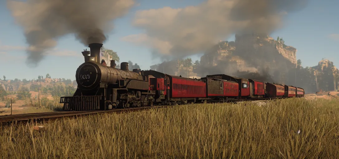 Image similar to A train in red dead redemption 2, screenshot, high quality image, widescreen, in-game engine, 8k, octane render