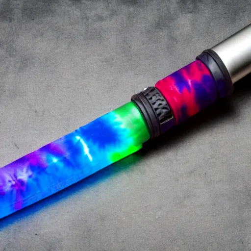 Prompt: a light saber with tie dye colored blade, uncropped, photography