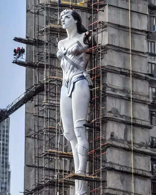 Image similar to a gigantic 500 foot tall white marble statue of Gal Gadot as Wonder Woman surrounded in scaffolding in downtown NYC