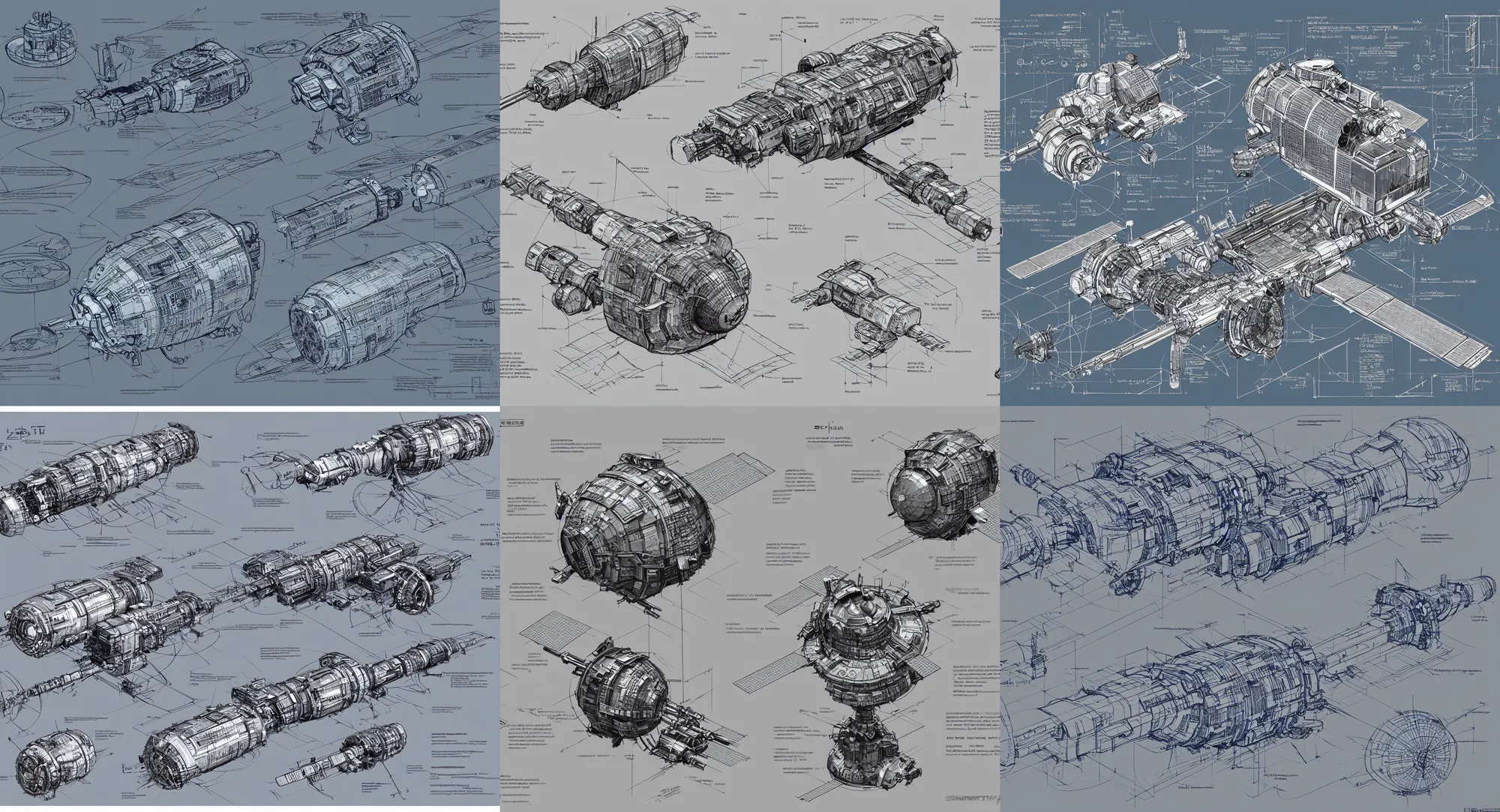 Image similar to A detailed schematic drawing of a sci-fi satellite, blueprint, technical drawing, scientific illustration, concept art, annotations, paper texture, Artyom Turskyi, Longque Chen, Mack Sztaba, Vladimir Manyukhin artstation, 8k