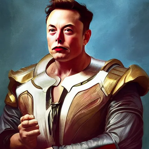 Image similar to “Elon Musk, the ultimate gigachad, incredibly muscular Elon Musk with chiseled jawline, trending on /r/moreplatesmoredates, oil on canvas artstation by J. C. Leyendecker and Edmund Blair Leighton and Charlie Bowater octane render”