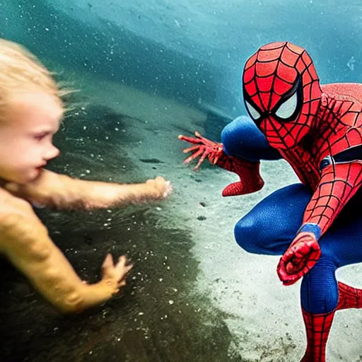 Image similar to spiderman saving a drowning person, underwater