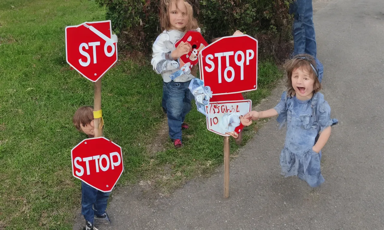 Prompt: child finds magical stop sign wand naudline pierre