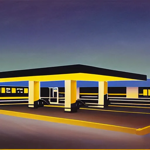 Image similar to a digital rendering of a gas station at night by george ault, retrofuturism, concept art, matte drawing, reimagined by industrial light and magic