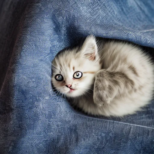 Image similar to a sleepy and cute kitten laying under a blanket, canon eos r 3, f / 1. 4, iso 2 0 0, 1 / 1 6 0 s, 8 k, raw, unedited, symmetrical balance, in - frame