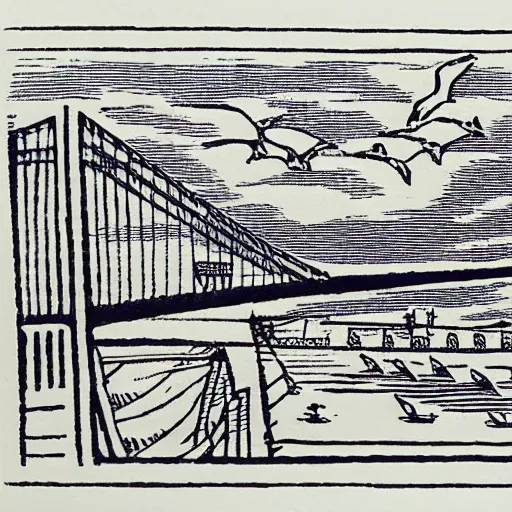 Prompt: small steel suspension bridge built in 1 9 2 8, side view, puffy clouds in background, seagulls floating in the sky, woodcut style, rubber stamp, 8 k