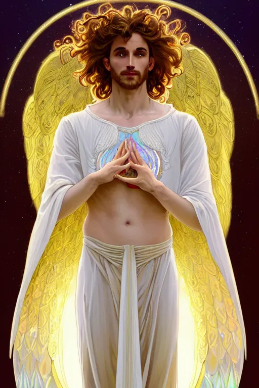 Prompt: fullbody portrait of a beautiful young fit male angel with curly blond hairs, soft smile, blessing hands, dressed with long fluent tunic, majestic symmetrical eagle wings, luminous halo, by greg rutkowski and alphonse mucha, gradient white to gold, in front of an iridescent background, highly detailed, digital painting, artstation, concept art, smooth, sharp focus illustration