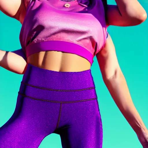 Image similar to a award winning half body shot of a beautiful woman in a croptop and leggings with a ombre purple pink teal hairstyle with head in motion and hair flying, outrun, vaporware, highly detailed, fine detail, intricate