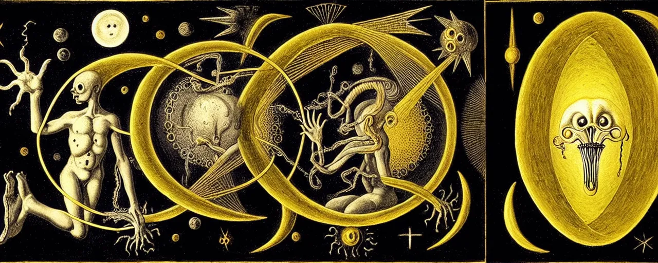 Image similar to a strange alchemical homunculus creature with a mouth of gold radiates a unique canto'as above so below'to the moon, while being ignited by the spirit of haeckel and robert fludd, breakthrough is iminent, glory be to the magic within, in honor of saturn, painted by ronny khalil