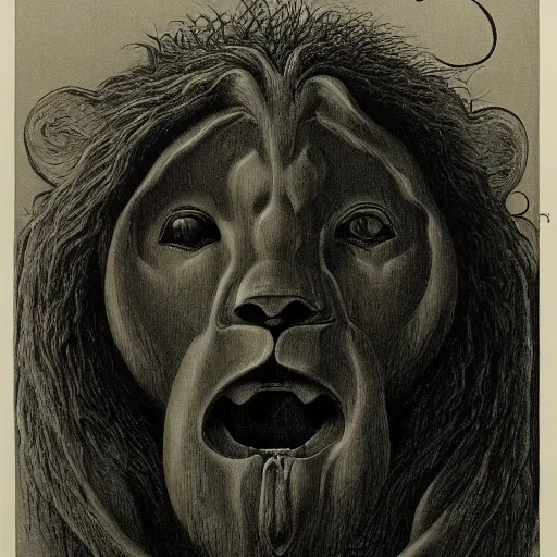 Image similar to cherub with four faces : man, lion, eagle, bull. drawn by zdzislaw beksinski