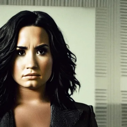 Image similar to close-up of Demi Lovato as a detective in a movie directed by Christopher Nolan, movie still frame, promotional image, imax 70 mm footage