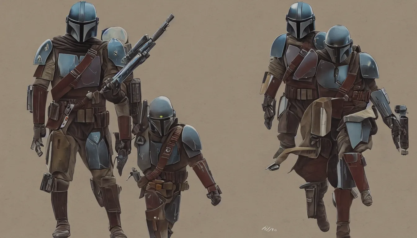 Prompt: lone mandalorian in action, in style of grzegorz rosinski