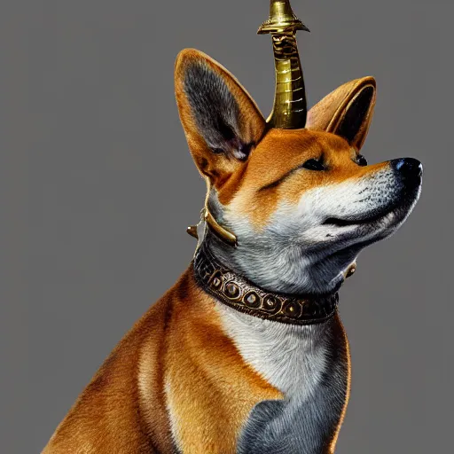 Image similar to detailed photorealistic painting of dog shiba inu wearing a highly detailed ornamented bronze „viking helmet with two horns“, sharp focus in the style of ruan jia, Mandy jurgens, cinematic light, concept art, trending on artstation, ultra realistic