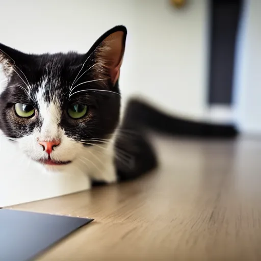 Prompt: A cat using the internet, EOS-1D, f/1.4, ISO 200, 1/160s, 8K, RAW, unedited, symmetrical balance, in-frame