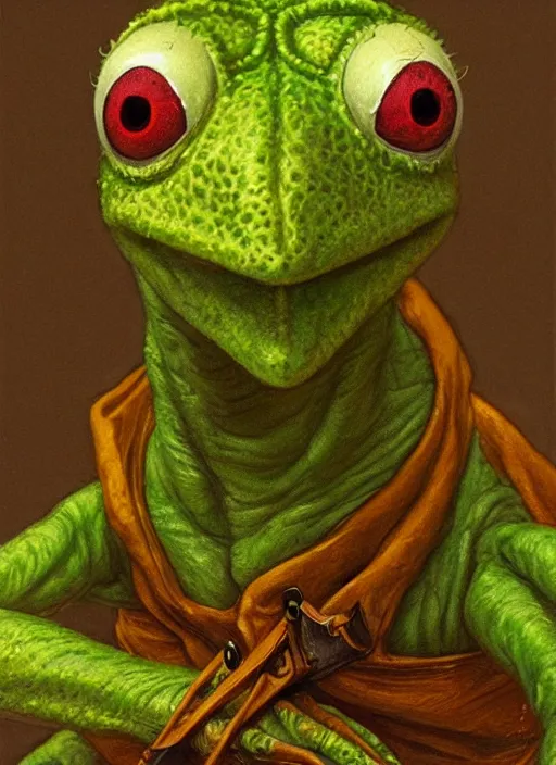 Image similar to portrait of Kermit the frog in The Thing (1982), intricate, highly detailed, centered, studio background, digital painting, artstation, concept art, smooth, sharp focus, illustration, artgerm, donato giancola, Joseph Christian Leyendecker, WLOP, Artgerm