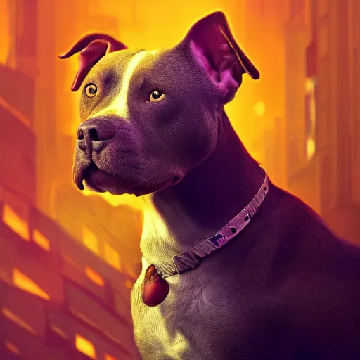 Image similar to an amazing portrait of a cute mad solarpunk pitbull. intricate, epic lighting, cinematic composition, hyper realistic, 8 k resolution, unreal engine 5, by artgerm, tooth wu, dan mumford, beeple, wlop, rossdraws, james jean, marc simonetti, artstation