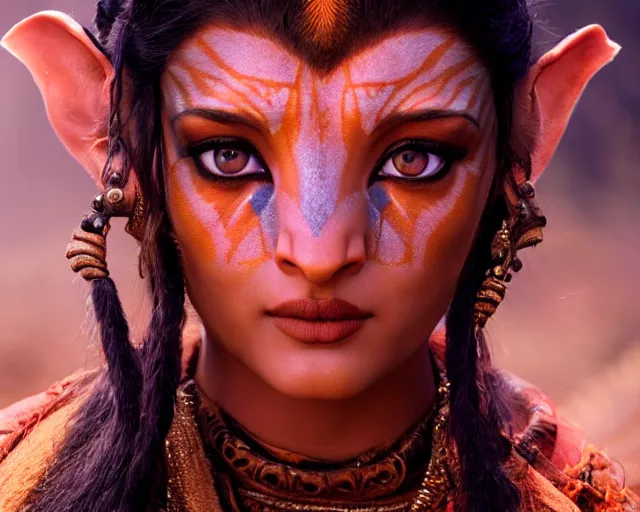 Image similar to a photo of aishwarya rai as a character in the avatar, hyper realistic face, beautiful eyes, cinematic, long shot, hyper detailed, 8 5 mm photograph, 8 k resolution, film still, sharp lens, wide lens