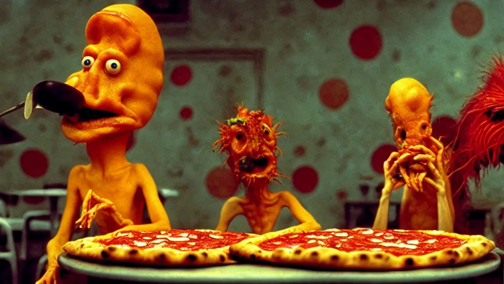 Prompt: the pizza creature eats, film still from the movie directed by wes anderson and david cronenberg with art direction by zdzisław beksinski and dr. seuss