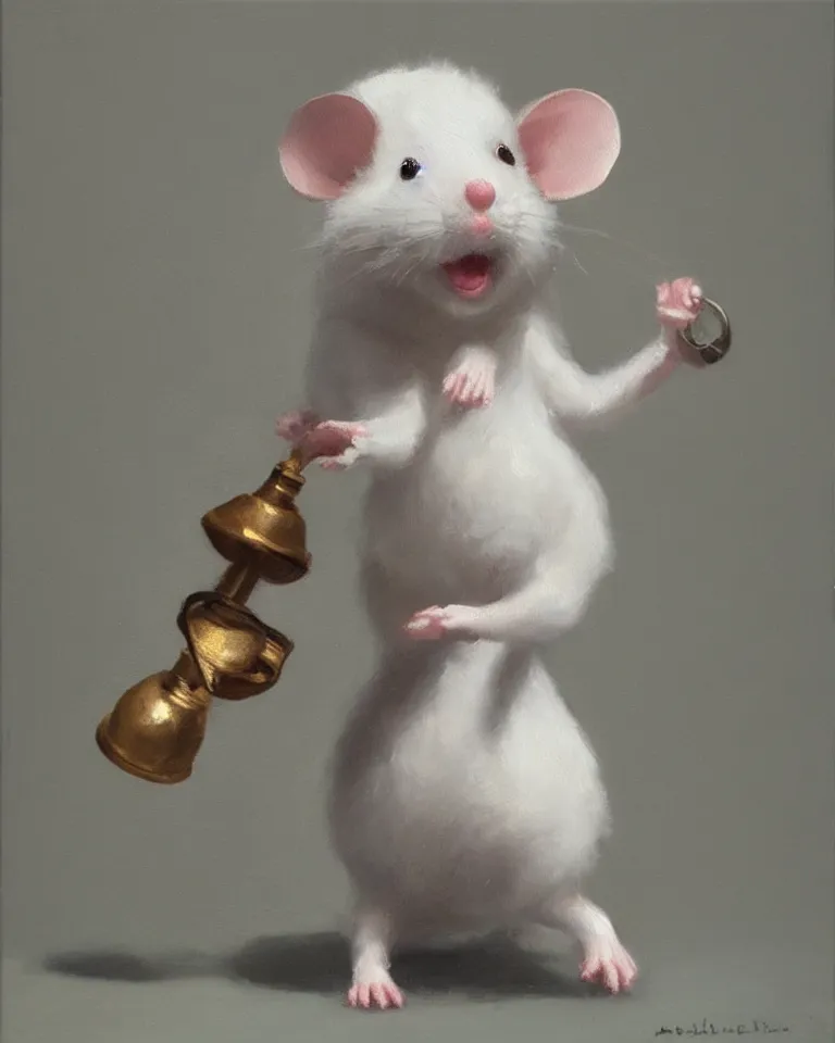 Prompt: an old oil painting of a cute white mouse standing on two legs and holding a round bell, trending on artstation